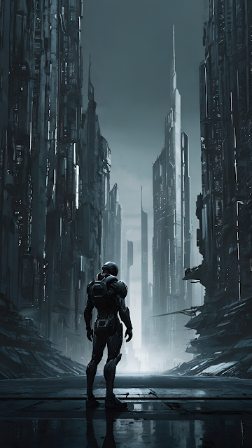 Lone Soldier in Armor Standing in Desolate Cyberpunk City - Free mobile Wallpaper