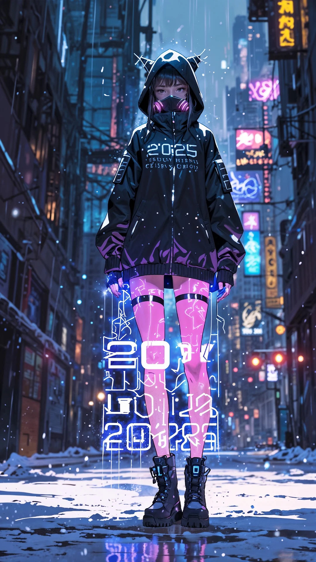 Cyberpunk Girl with 2025 Hoodie in Neon City - Free 4K mobile Wallpaper