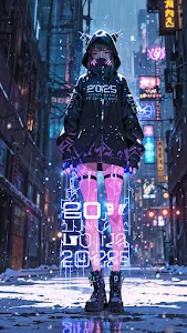 Cyberpunk Girl with 2025 Hoodie in Neon City