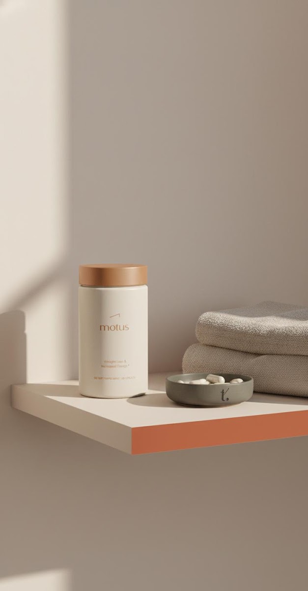 Minimalist bathroom shelf vignette with Motus supplement bottle, towel and dish of capsules emphasizing a calm weight-loss ritual and fast metabolism pills.