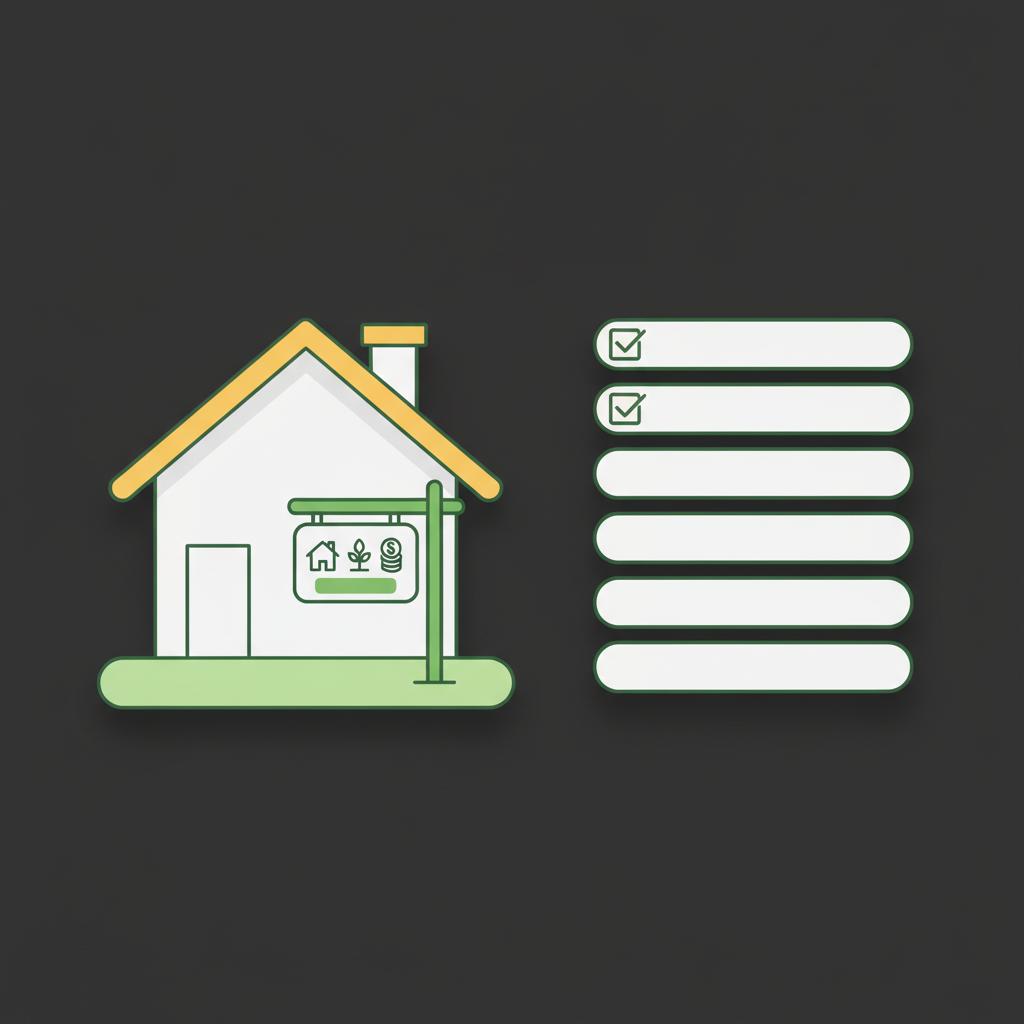 Minimalist 2D vector split image showing a for sale sign in front of a house on the left and a seller checklist with checkboxes on the right how to get started real estate