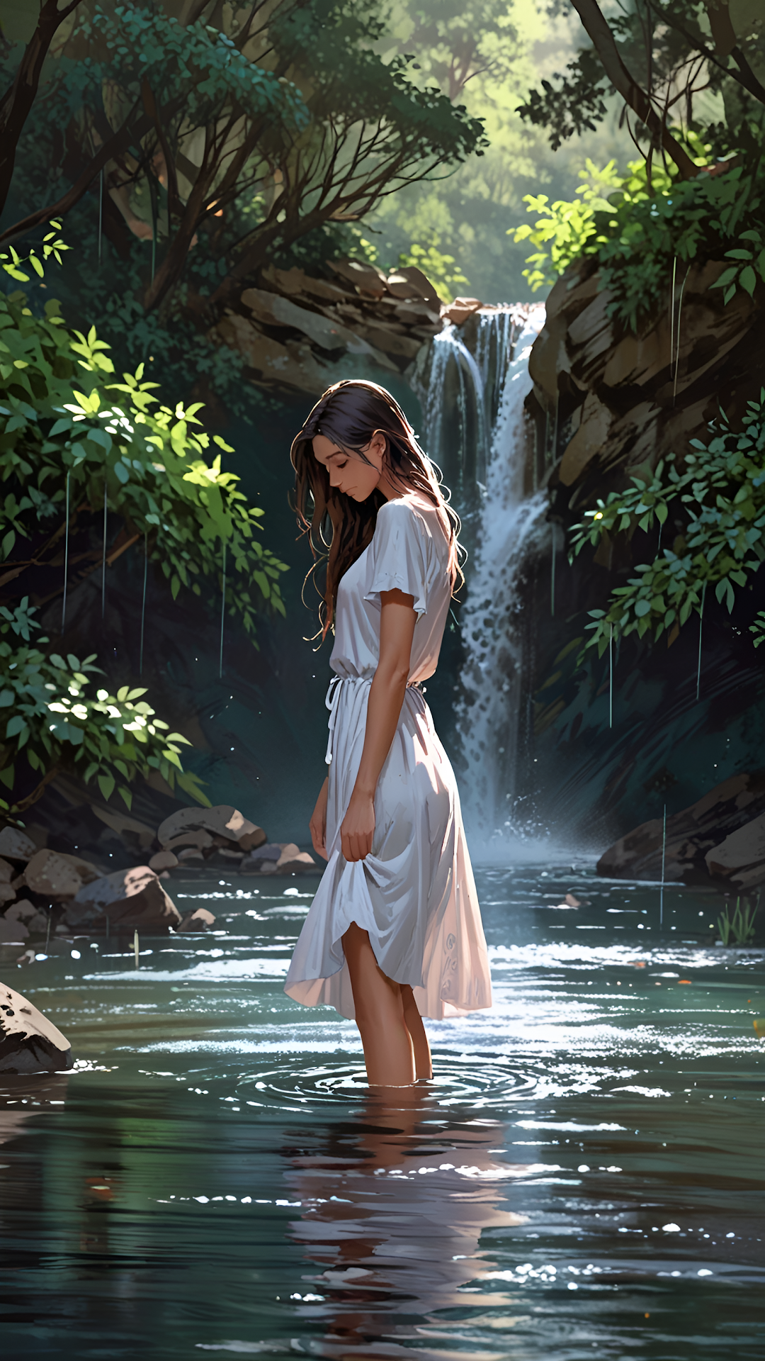 Woman in White Dress Standing in Forest Waterfall Stream - Free 4K mobile Wallpaper