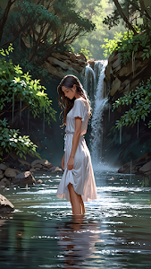 Woman in White Dress Standing in Forest Waterfall Stream