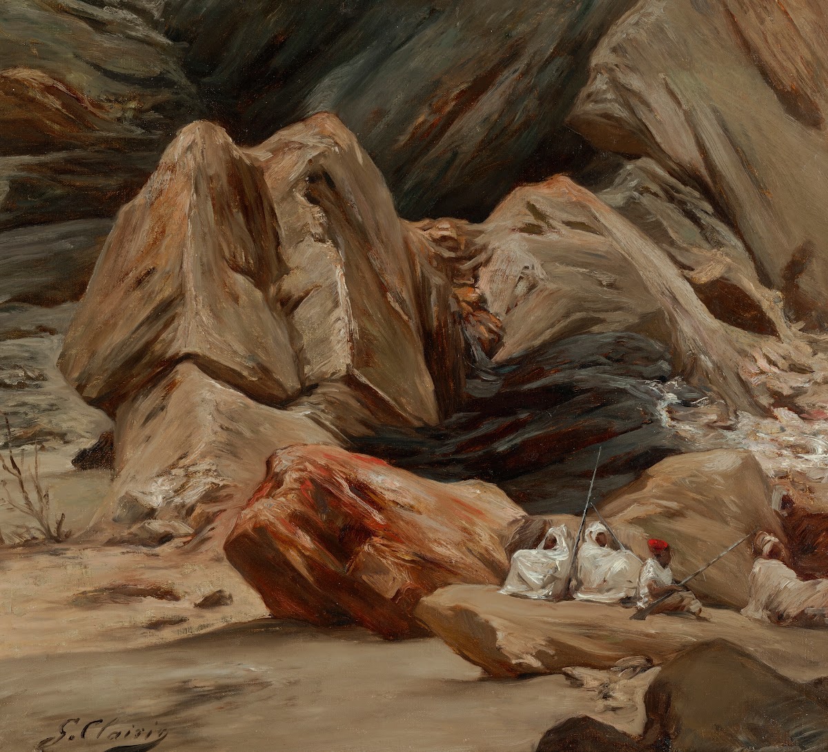 Figures resting in the mountains