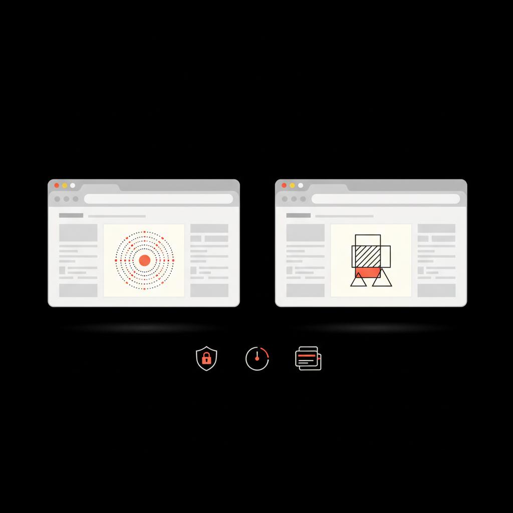 Minimal 2D vector of two side-by-side browser windows with abstract avatars and icons, illustrating multiple Wikipedia accounts and neutral account management.