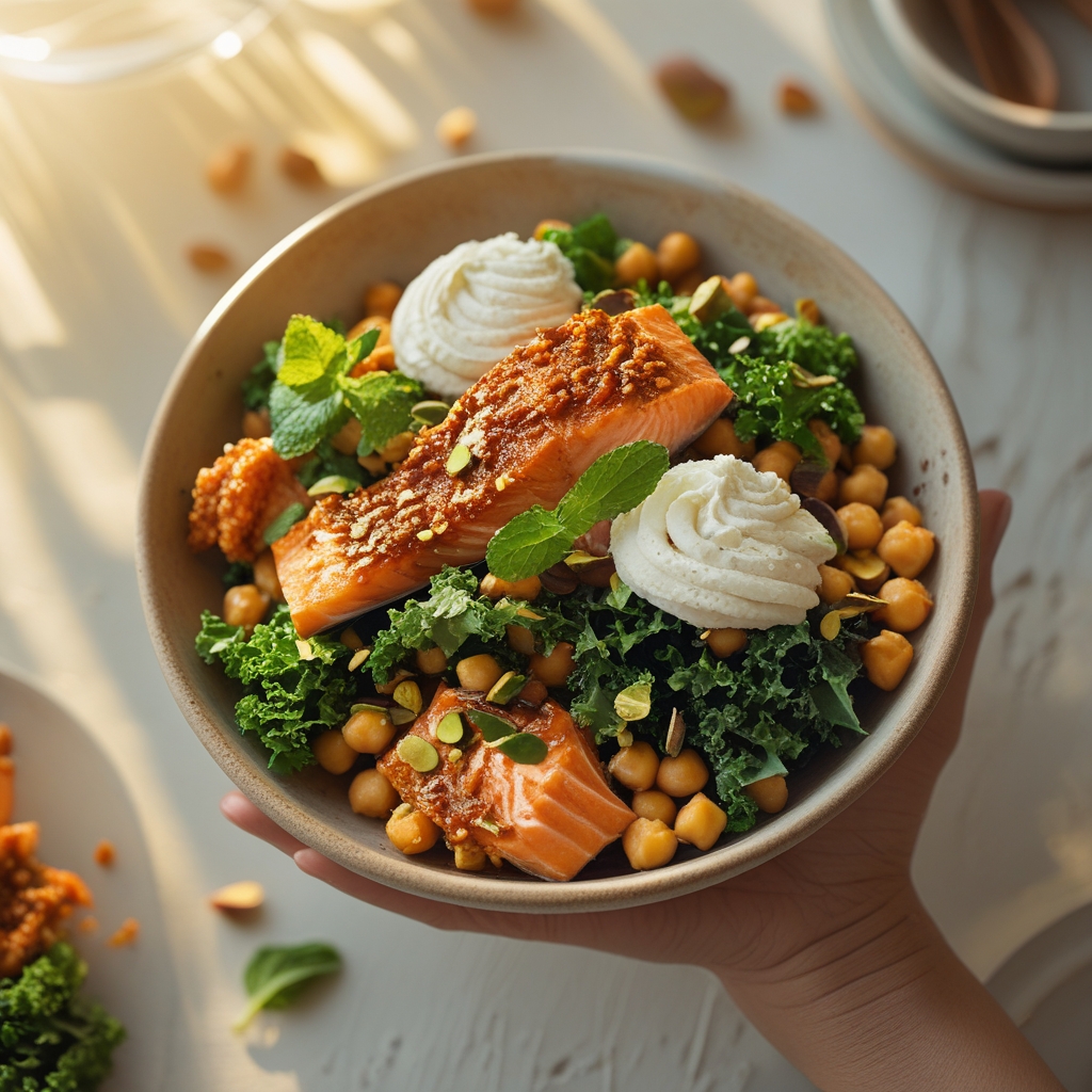 Crispy Harissa Salmon Power Bowls with Whipped Lemon-Pistachio Feta