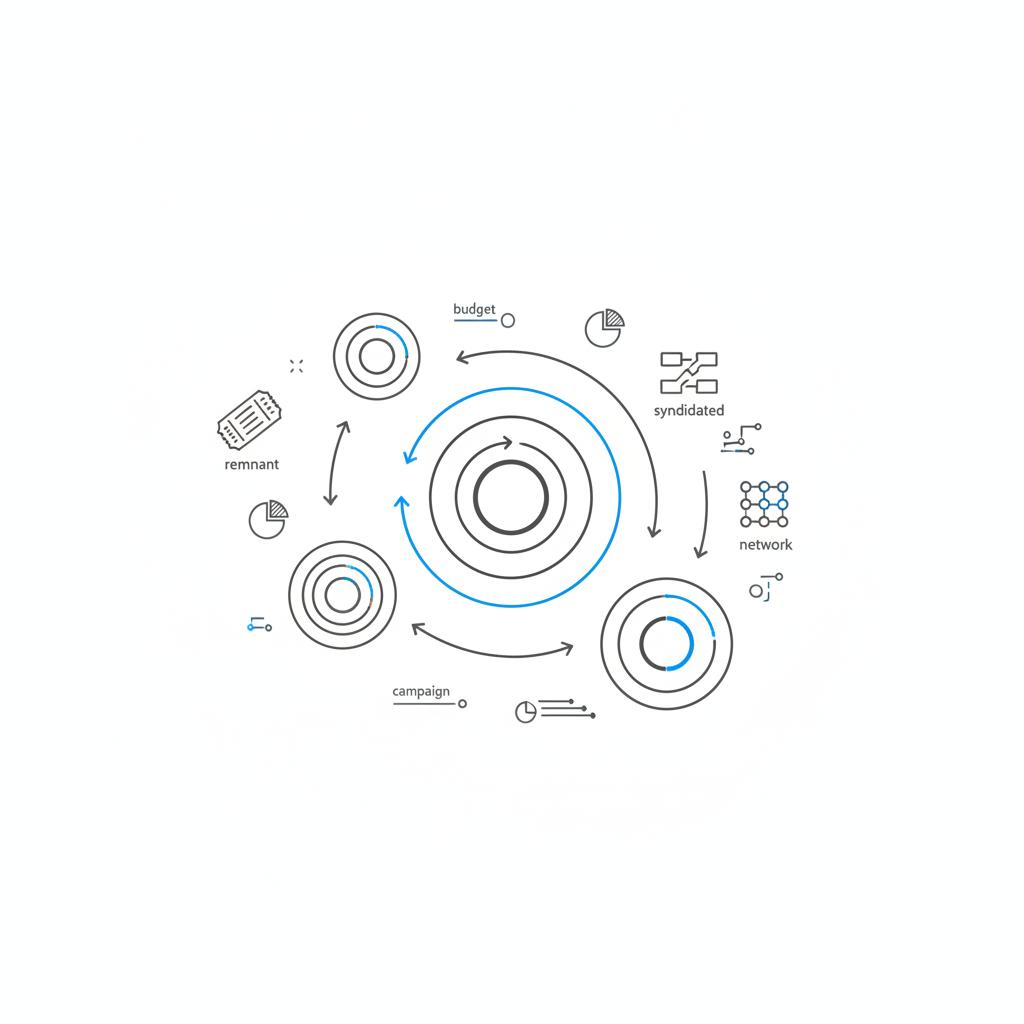 Minimal 2D vector market map showing DMAs with concentric size rings and arrows for reach and frequency, with sketched icons for remnant, syndicated, and network on white background &mdash; 30 second TV commercial cost