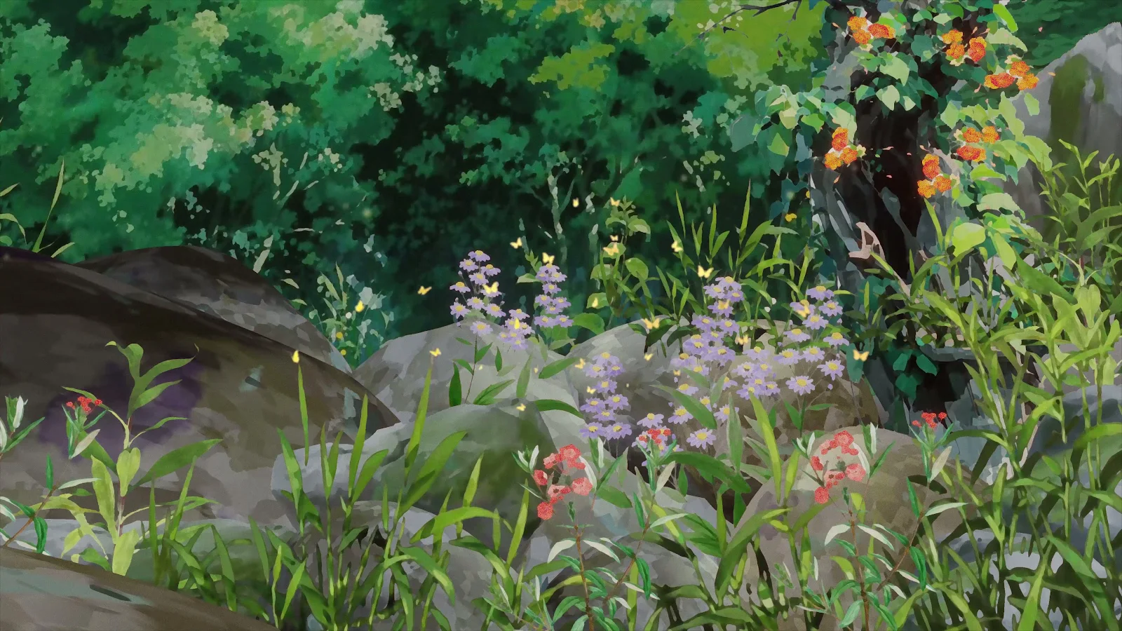 Blooming Wildflowers in Anime Forest - Anime Background Art 4K Wallpaper (3840x2160)