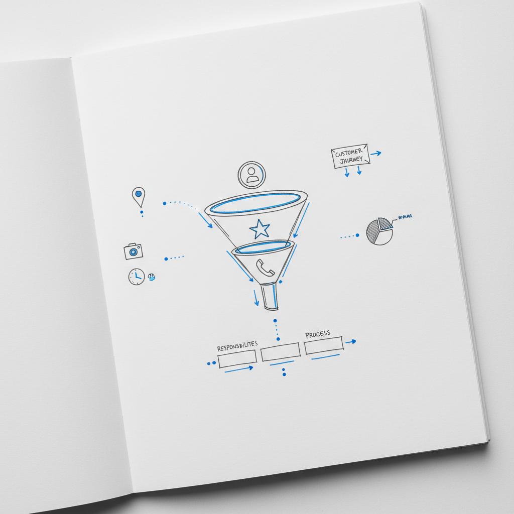 Close-up hand-drawn notebook sketches showing a funnel with profile, reviews and calls icons, camera and clock icons, and a map pin illustrating Yelp optimization.