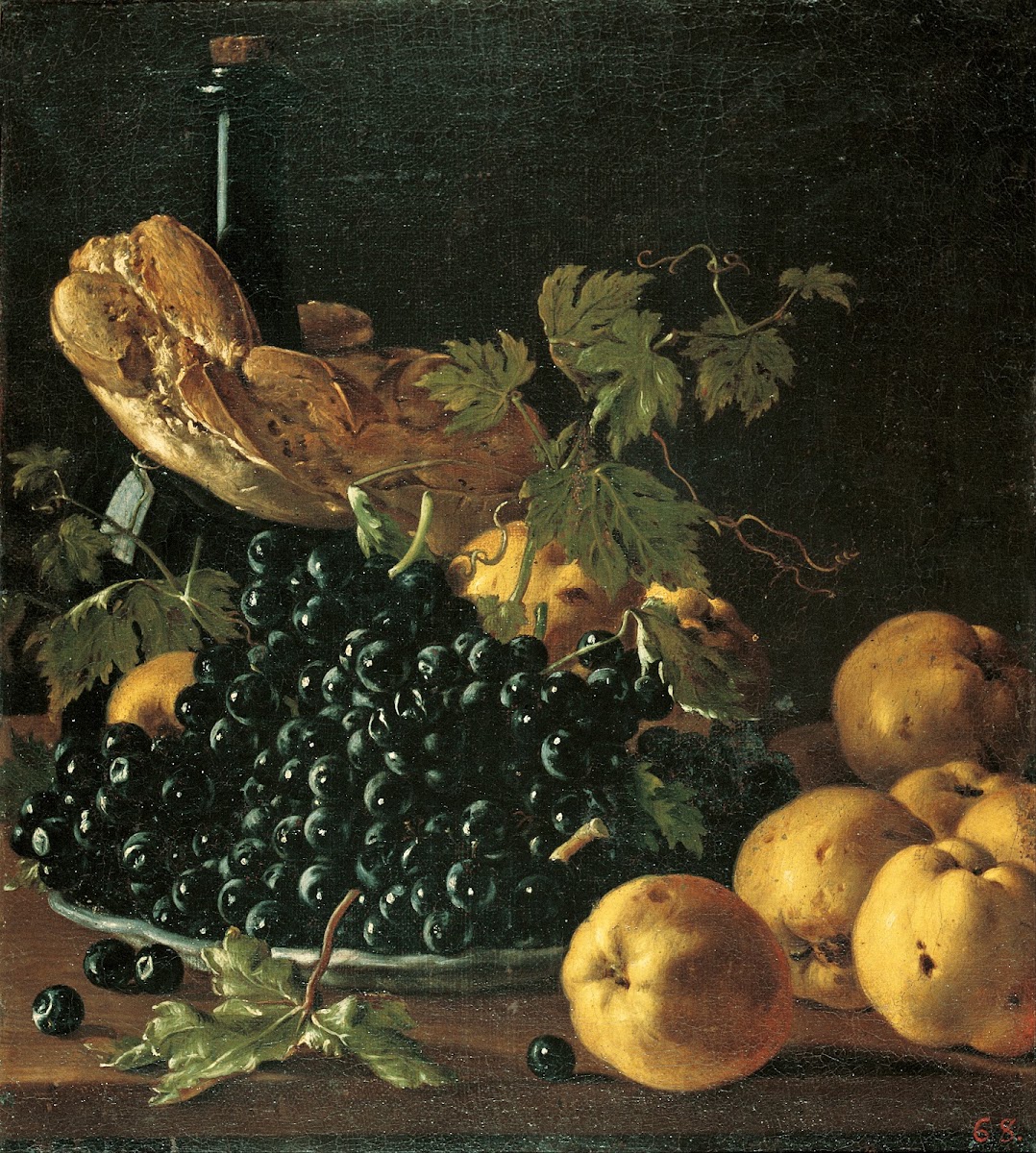 Still Life with Bread Apples Grapes and a Bottle circa 1771