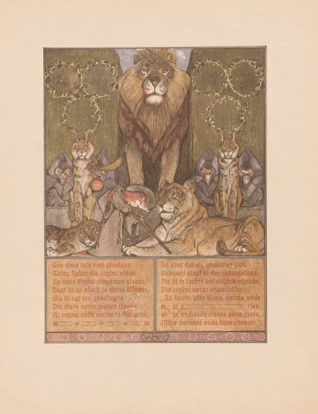 Fox in monks habit Reinaert at feet of lion Nobel and lioness Gentel amid other