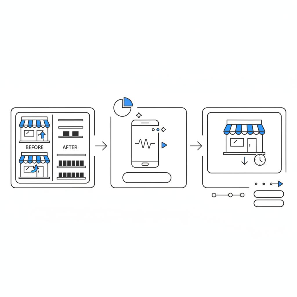 Vector notebook-style storyboard showing three short-video frames for SMB in advertising: before/after scene, audio testimonial waveform, and a storefront closing concept