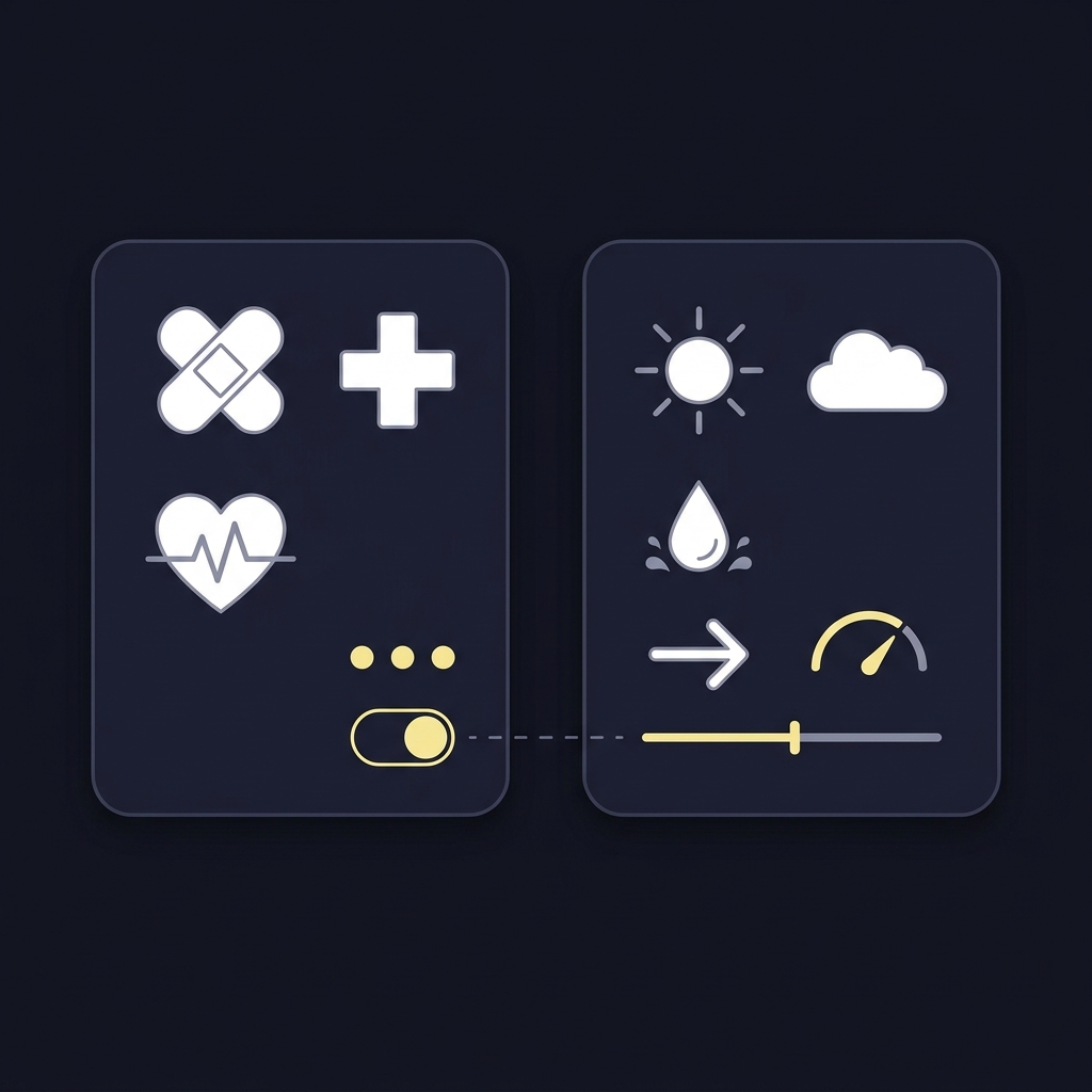 Minimalist 2D vector side by side injury report sheet and weather forecast card showing two accent input indicators in Funded Plays brand colors browns steelers prediction