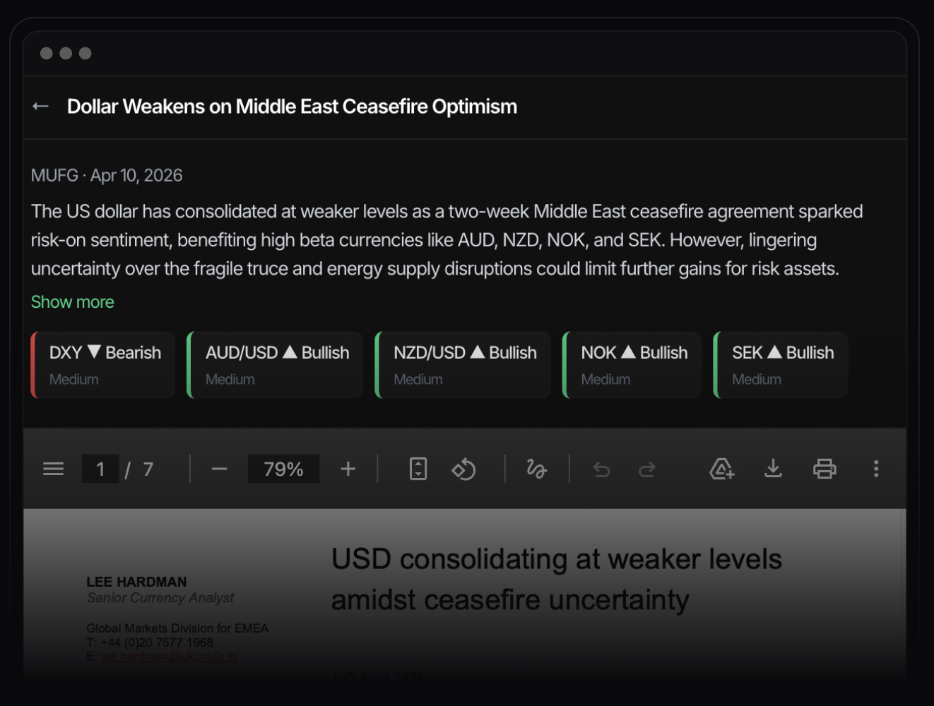 FT Intel bank research panel with AI summaries