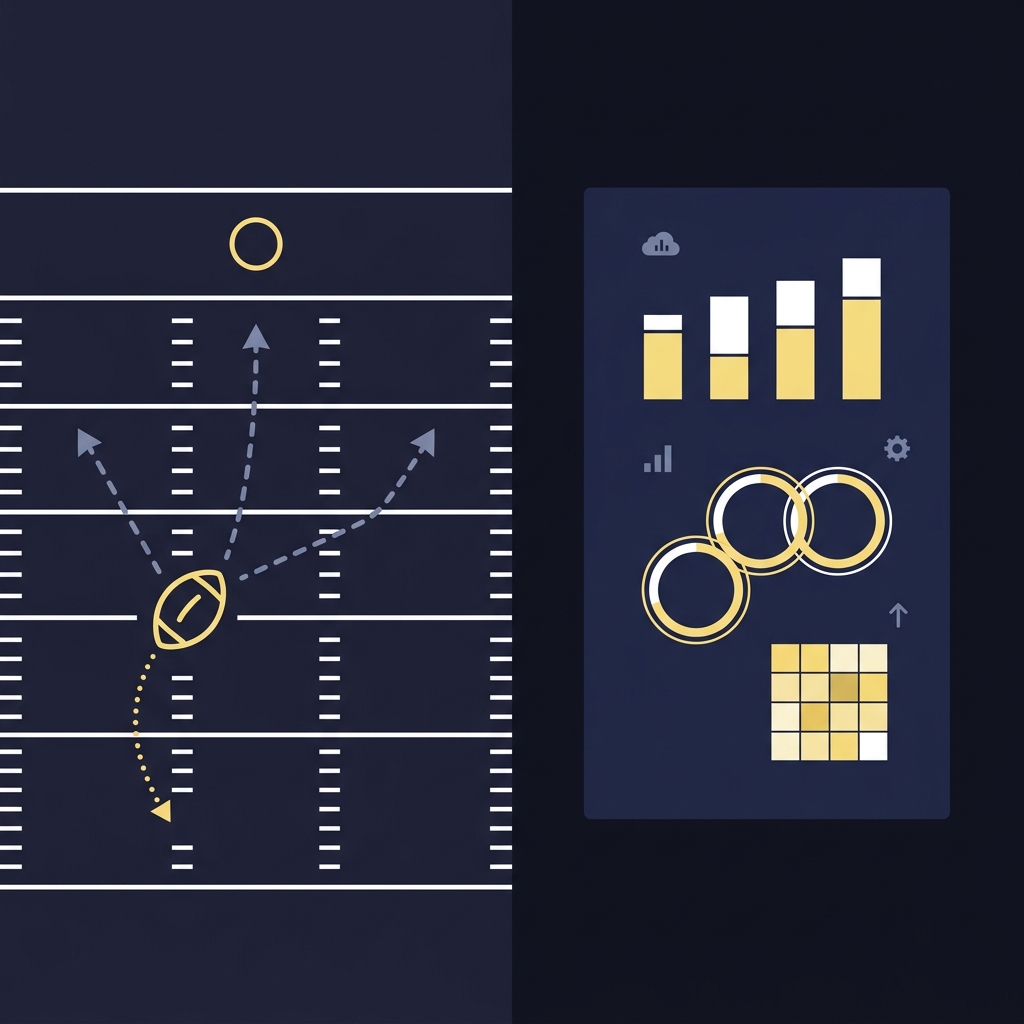 Split frame 2D vector showing a football highlight play and a clean statistical dashboard with adjusted ratings illustrating How to Avoid Narrative Traps in College Football