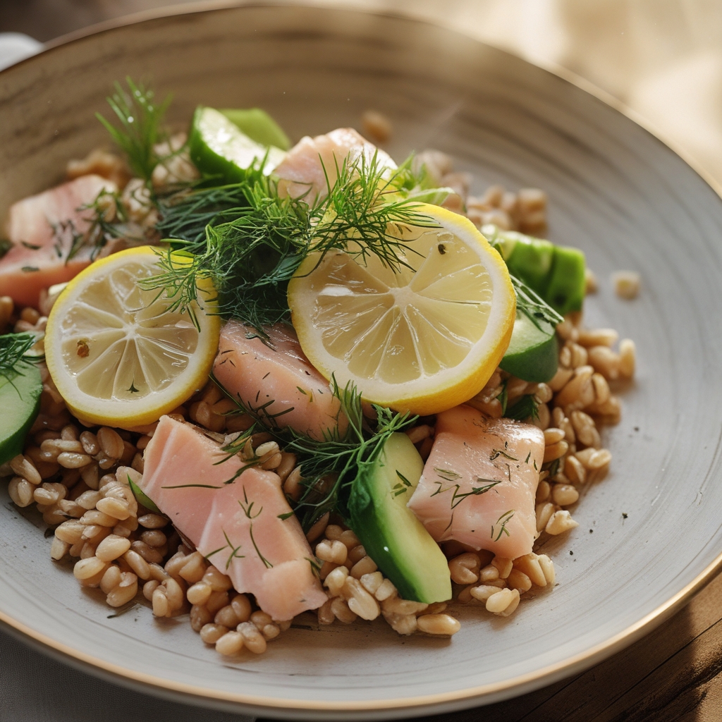 Smoked Trout & Farro Harvest Salad with Lemon-Dill Dressing