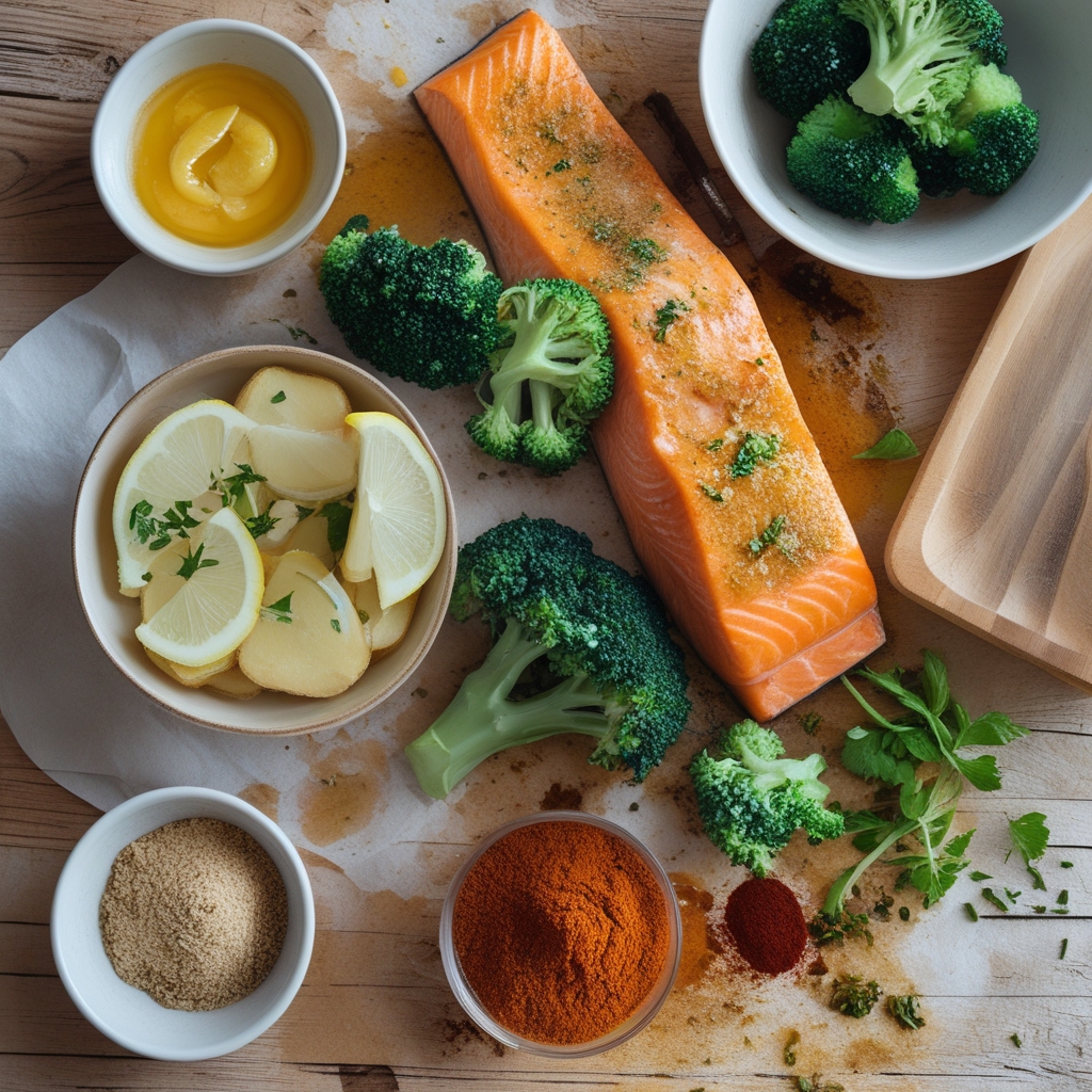 Ingredients for Lemon Butter Salmon with Crispy Potatoes and Broccoli - Easy Homemade Dinner