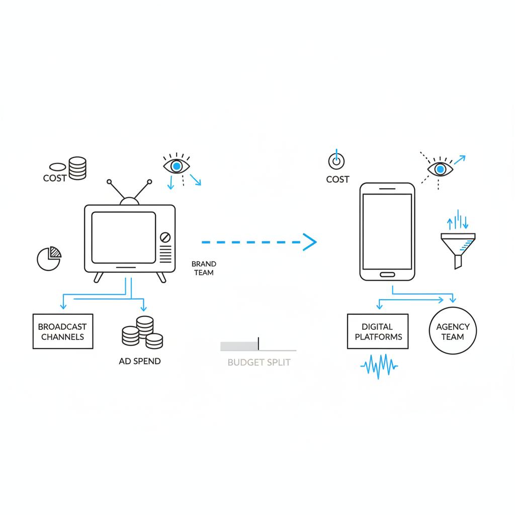 Minimalist vector comparison of TV and smartphone icons with arrows and attention symbols visualizing 30-second ad cost and CPM differences
