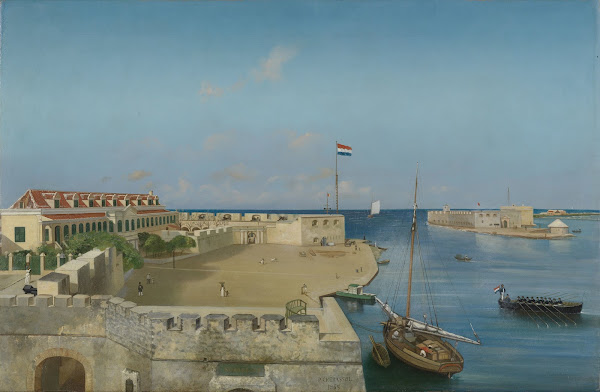 De haveningang van Willemstad met het Gouvernementspaleis 1858