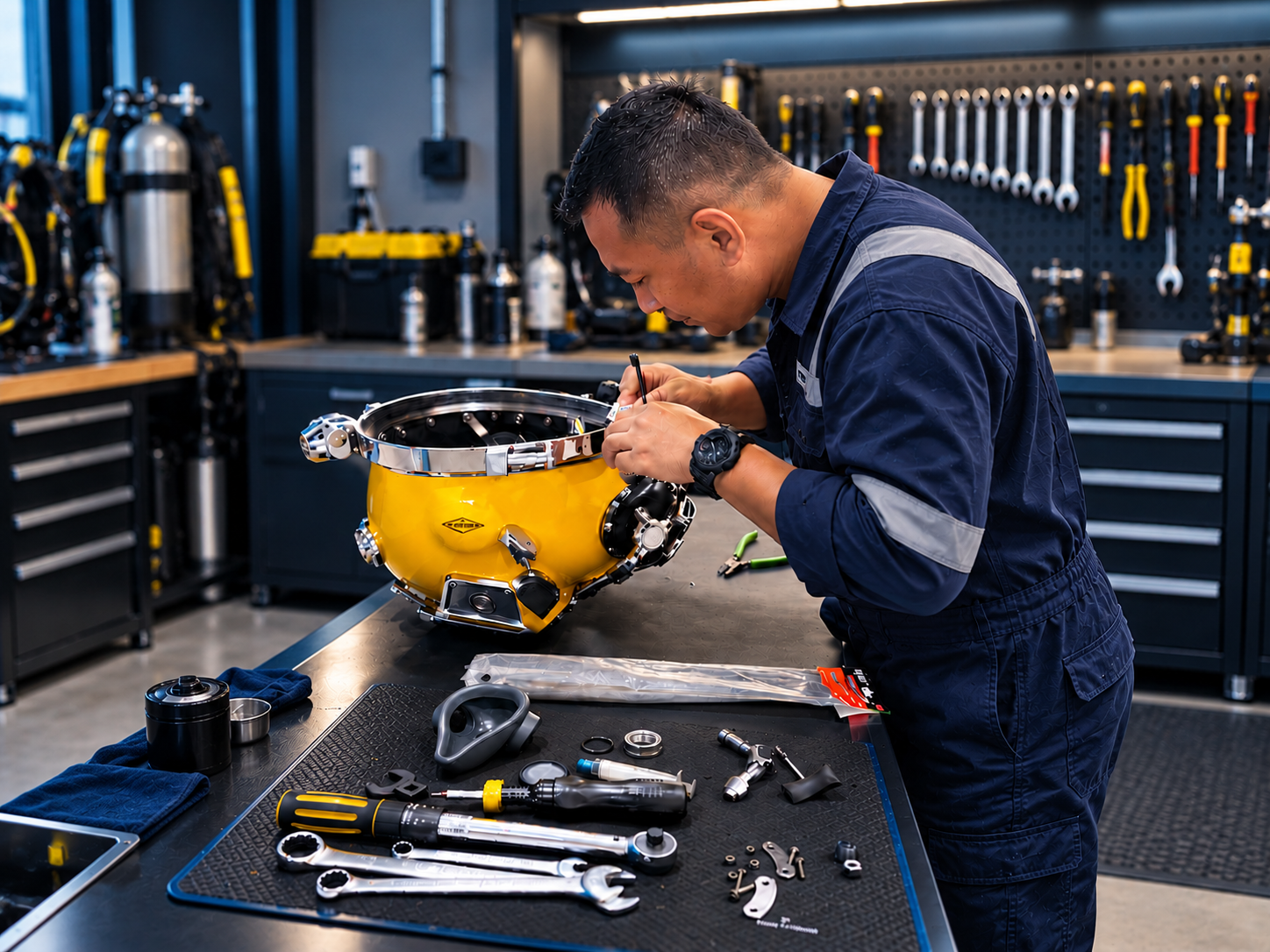 Synerdive technician in orange coveralls servicing a yellow commercial diving helmet in a professional workshop