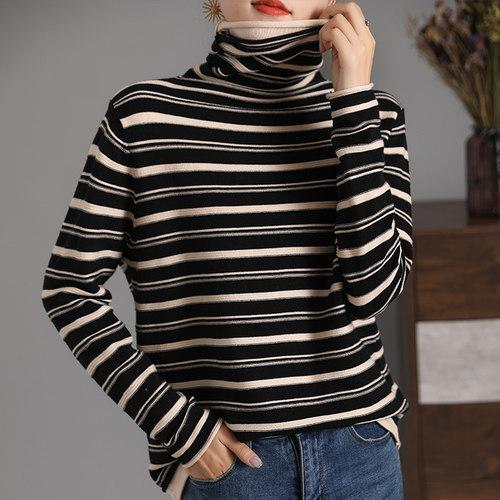 Women's Long Sleeve Shirt with Stand-Up Collar and Striped Pattern