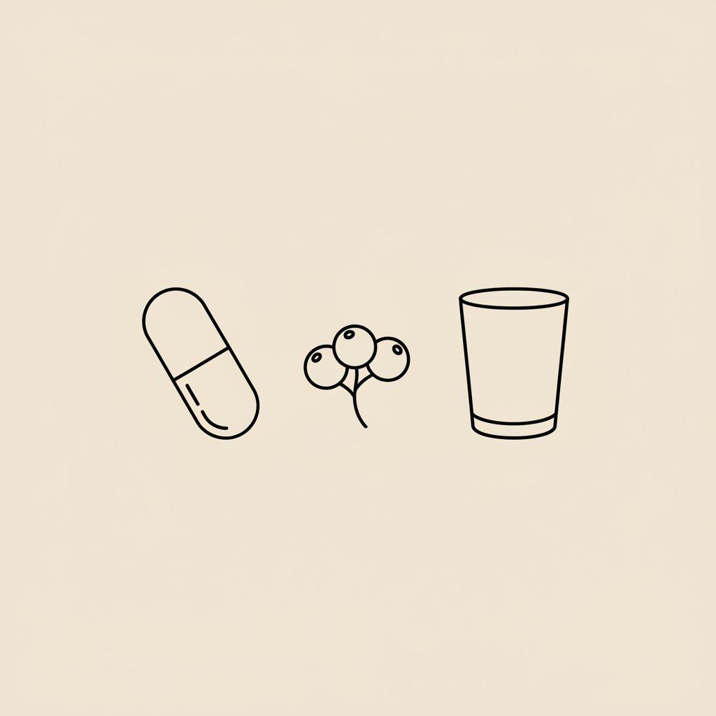 Minimal Tonum-style illustration of a capsule, berry cluster and water glass in a gentle arc on a beige background, for lower belly pooch.