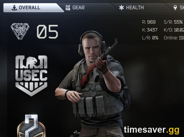 A Tarkov profile at Prestige level, showing the permanent prestige icon and badge next to the PMC — PvE will get its own version of this system in 1.2.0.0
