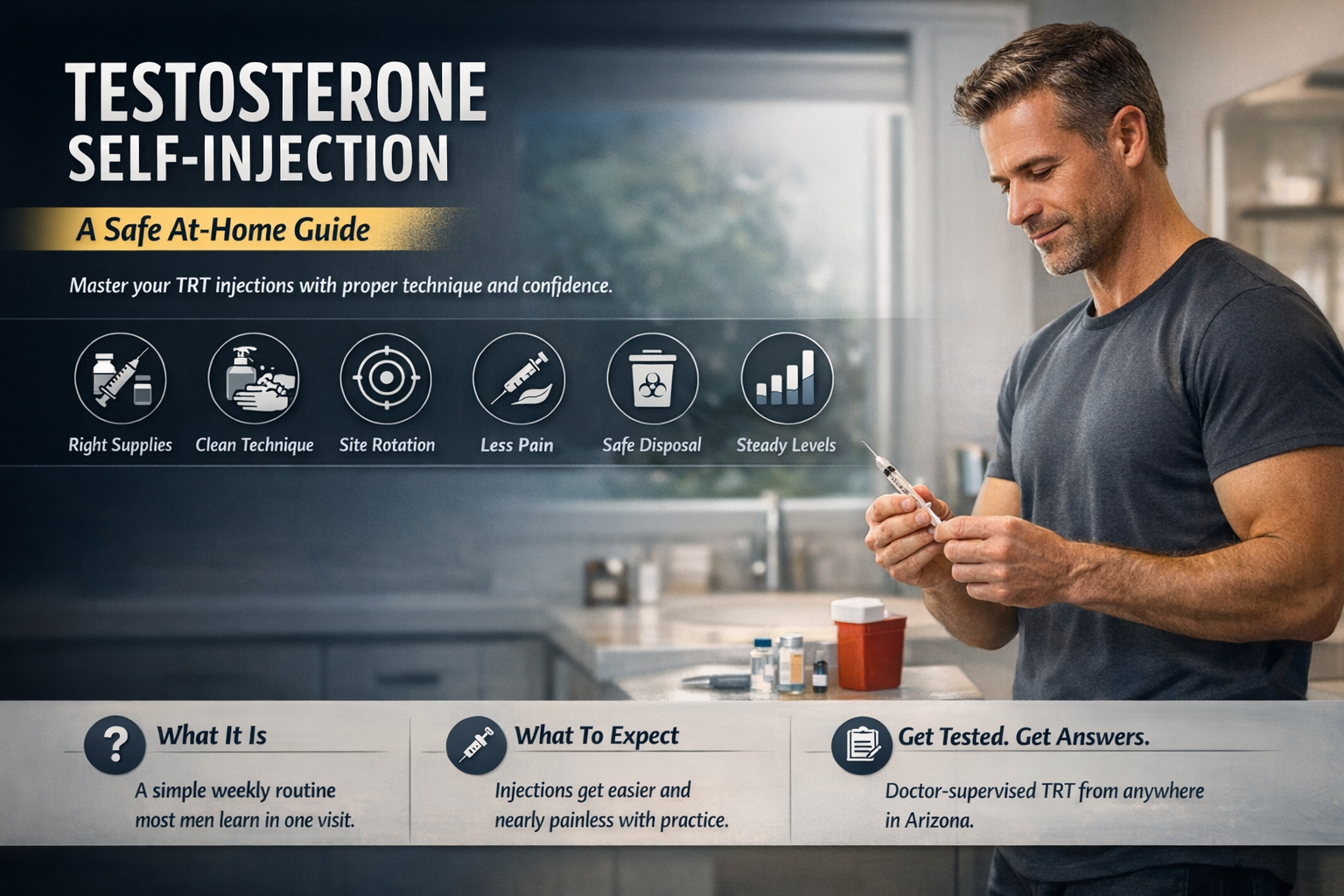 How to Self-Inject Testosterone at Home — AZTRT Arizona TRT clinic blog cover showing a man preparing his weekly testosterone injection with technique and safety icons