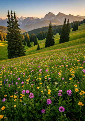 Alpine Meadow of Wildflowers and Mountains