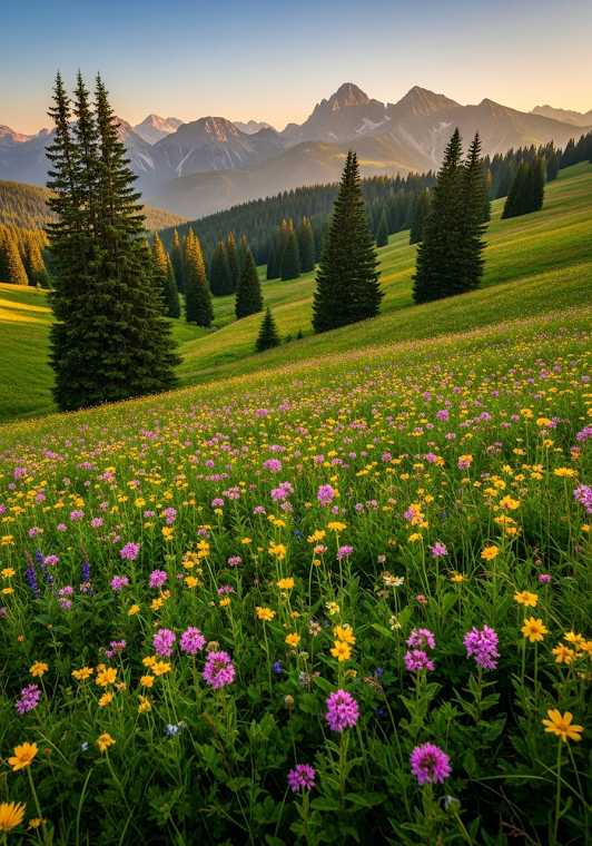 Alpine Meadow of Wildflowers and Mountains