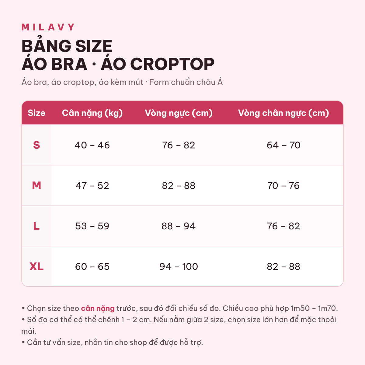Bảng size Áo bra · Croptop