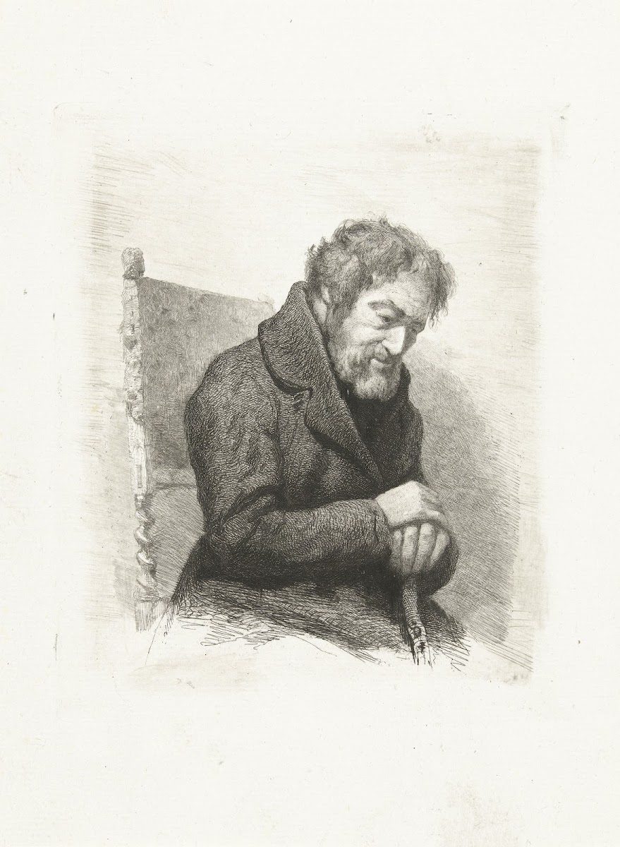 Zittende grijsaard met wandelstok in zijn handen 1845