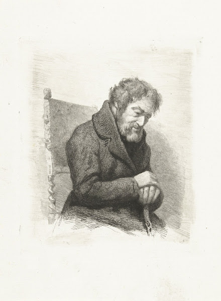 Zittende grijsaard met wandelstok in zijn handen 1845