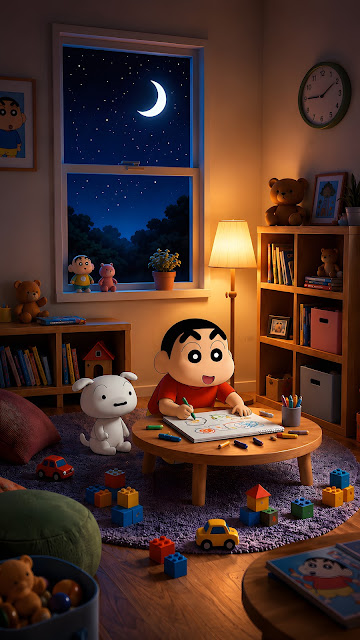 Child sitting at low round table drawing on paper inside warm lit bedroom with crescent moon visible through window.