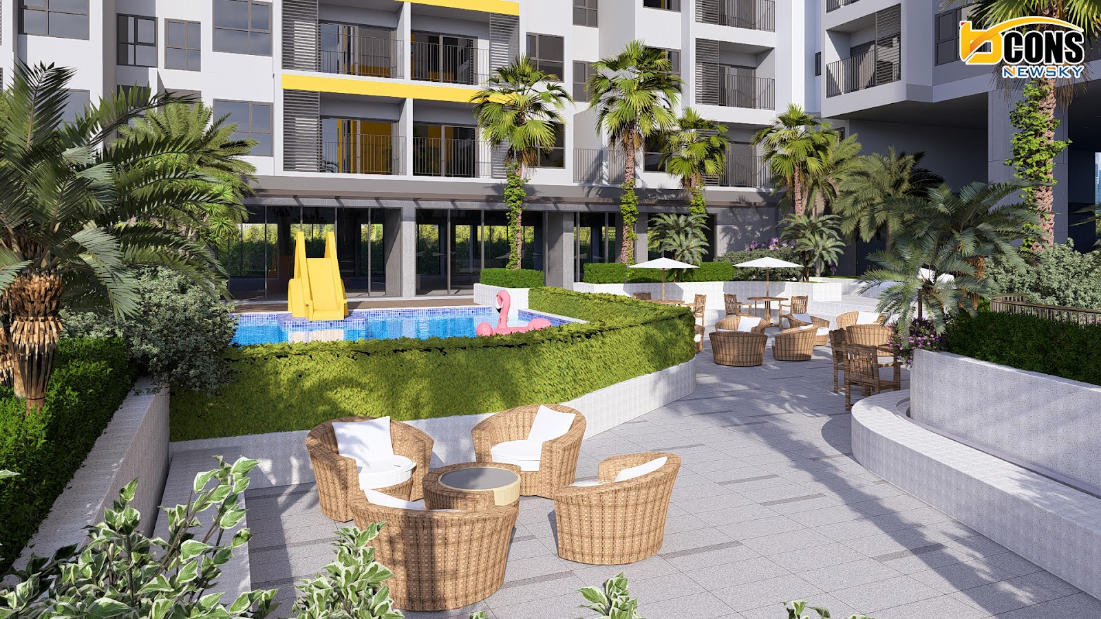 Hồ bơi trẻ em với cầu trượt và khu lounge Bcons NewSky