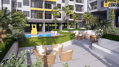 Hồ bơi trẻ em với cầu trượt và khu lounge Bcons NewSky