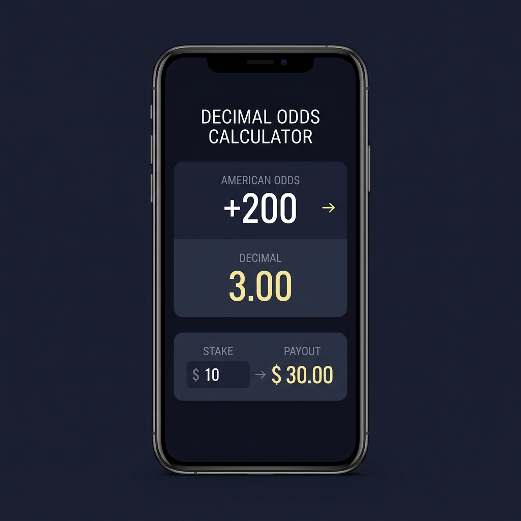 Close up mobile screen of decimal odds calculator converting american odds plus 200 to decimal 3.00 with a ten dollar stake example on Funded Plays dark navy background
