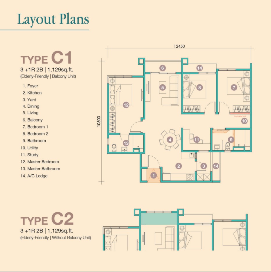 D'Tessera Type C1 floor plan — 1271 sq ft, 4 bedrooms