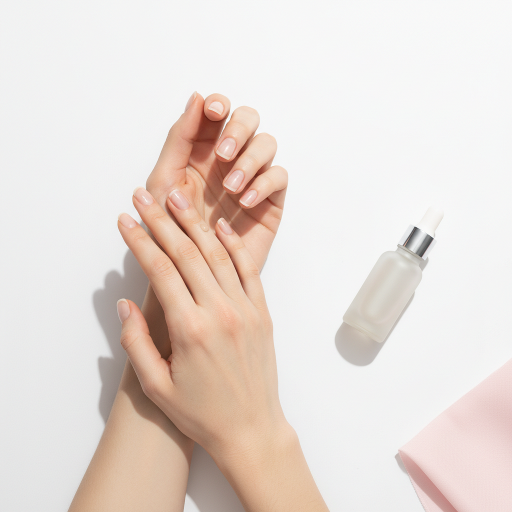 Nahaufnahme gepflegter Hände auf weißem Hintergrund mit Nagelhautpflegeöl, natürliche Fingernägel und sichtbarer Nagelhautpflege, geeignet zur Illustration von Nagelveränderungen und Pflege