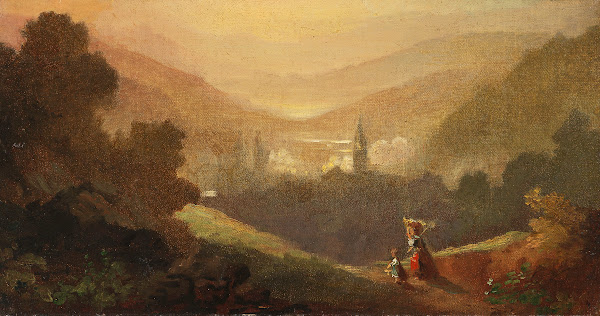 Berglandschaft mit Sennerin und Kind 1870