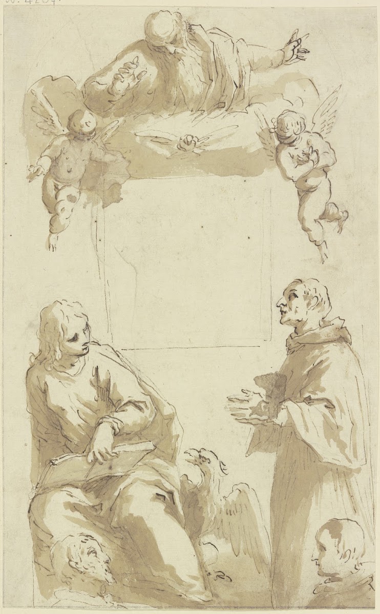 Gottvater mit Taube und Engeln über leerem quadratischem Feld darunter Johannes