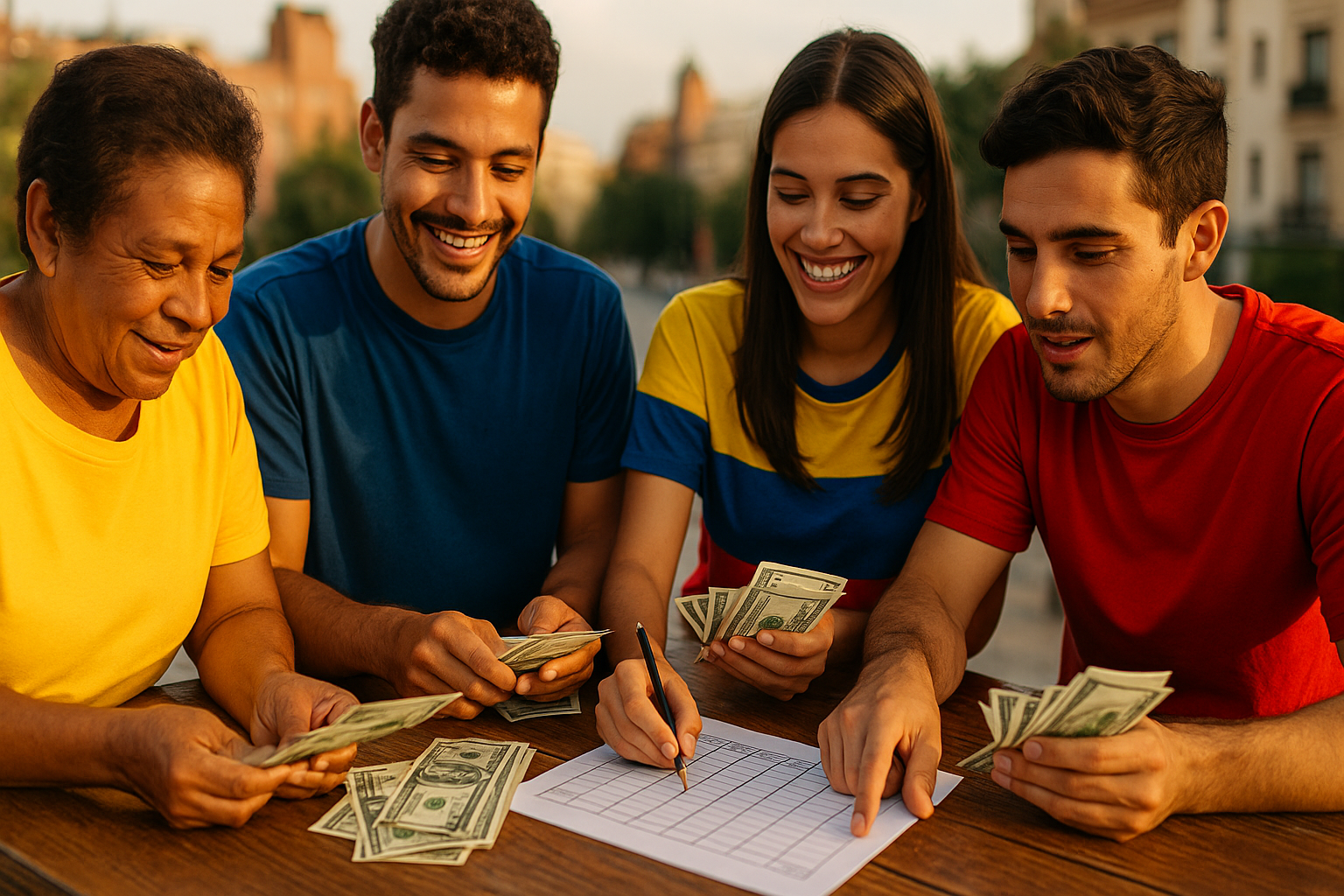 Manos de venezolanos en el exterior contando billetes y chocando puños sobre una mesa.