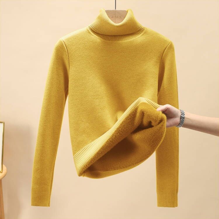 Women's sweater with stand-up collar and fleece lining