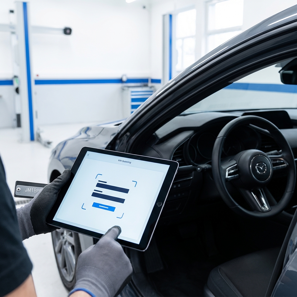 Technician scanning VIN plate of a Mazda 3 in a tidy white garage with CarFax Deals blue 3666ed accents minimalist layout Mazda 3 insurance