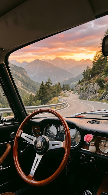 Scenic Mountain View from Vintage Car Dashboard at Sunset - Free mobile Wallpaper