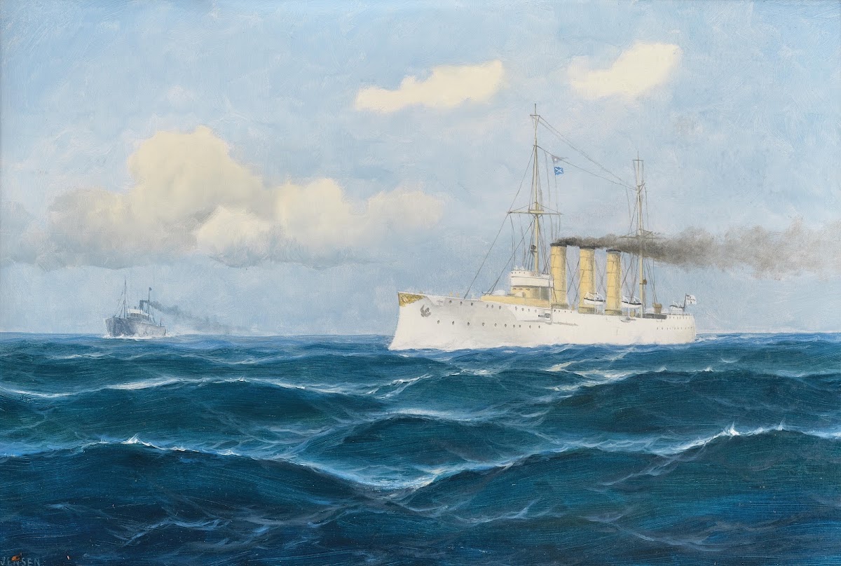 The cruiser Nürnberg gives the order to stop to a merchant ship by flag signals