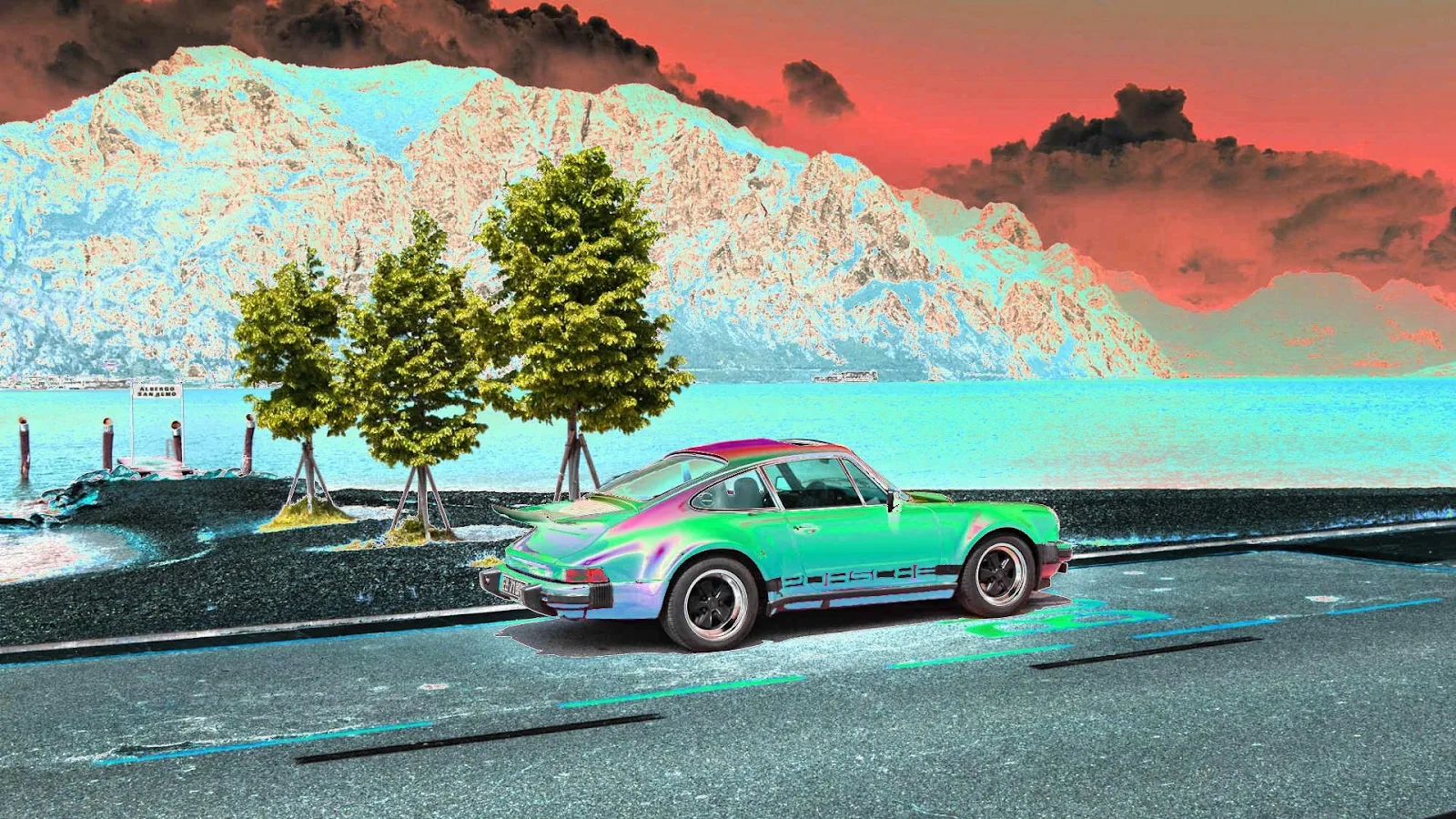 Neon Porsche 911 Vaporwave Landscape - Surreal Vaporwave Art Full HD Wallpaper (1920x1080)