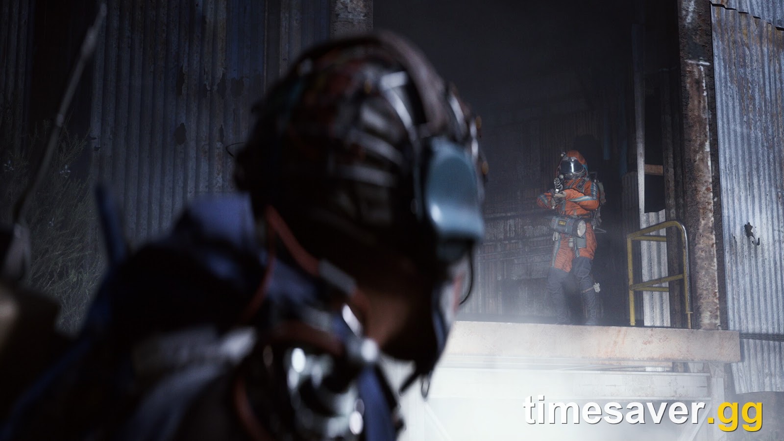Two ARC Raiders players in a standoff on an elevated platform inside a raid — the kind of vertical position a Snap Hook lets you reach or escape from