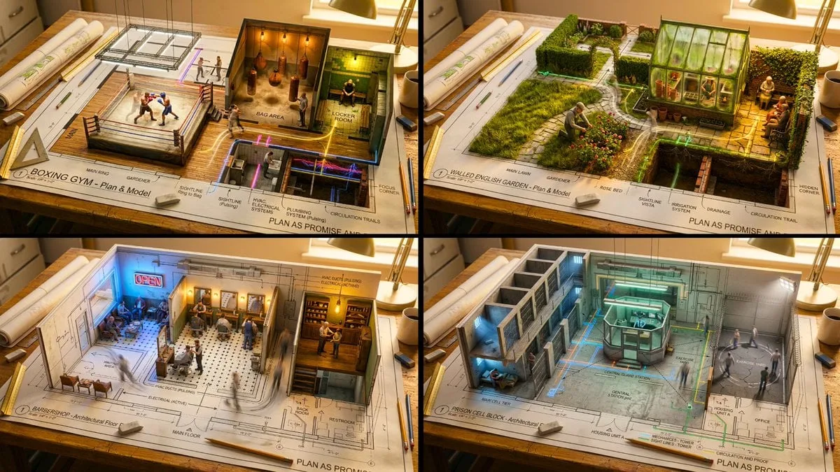 Un plano arquitectónico de una [LOCATION] extendido sobre una mesa de dibujo, con los espacios elevándose hacia...