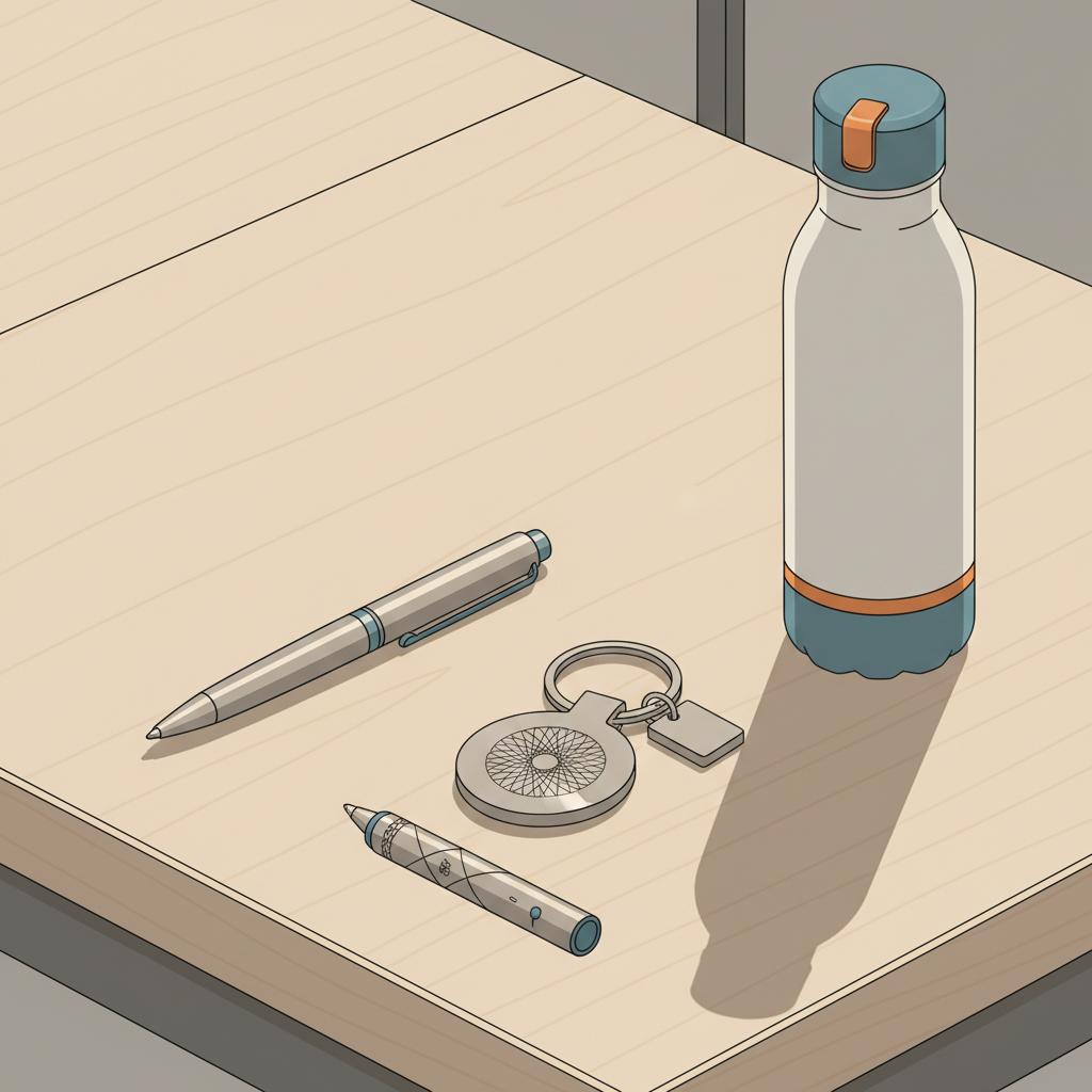 Nahaufnahme personalisierter Alltagsgegenstände auf Holztisch: gravierter Stift, Metall-Schlüsselanhänger und wiederverwendbare Trinkflasche als minimalistisches 2D-Vektorbild – geschenk für lehrer